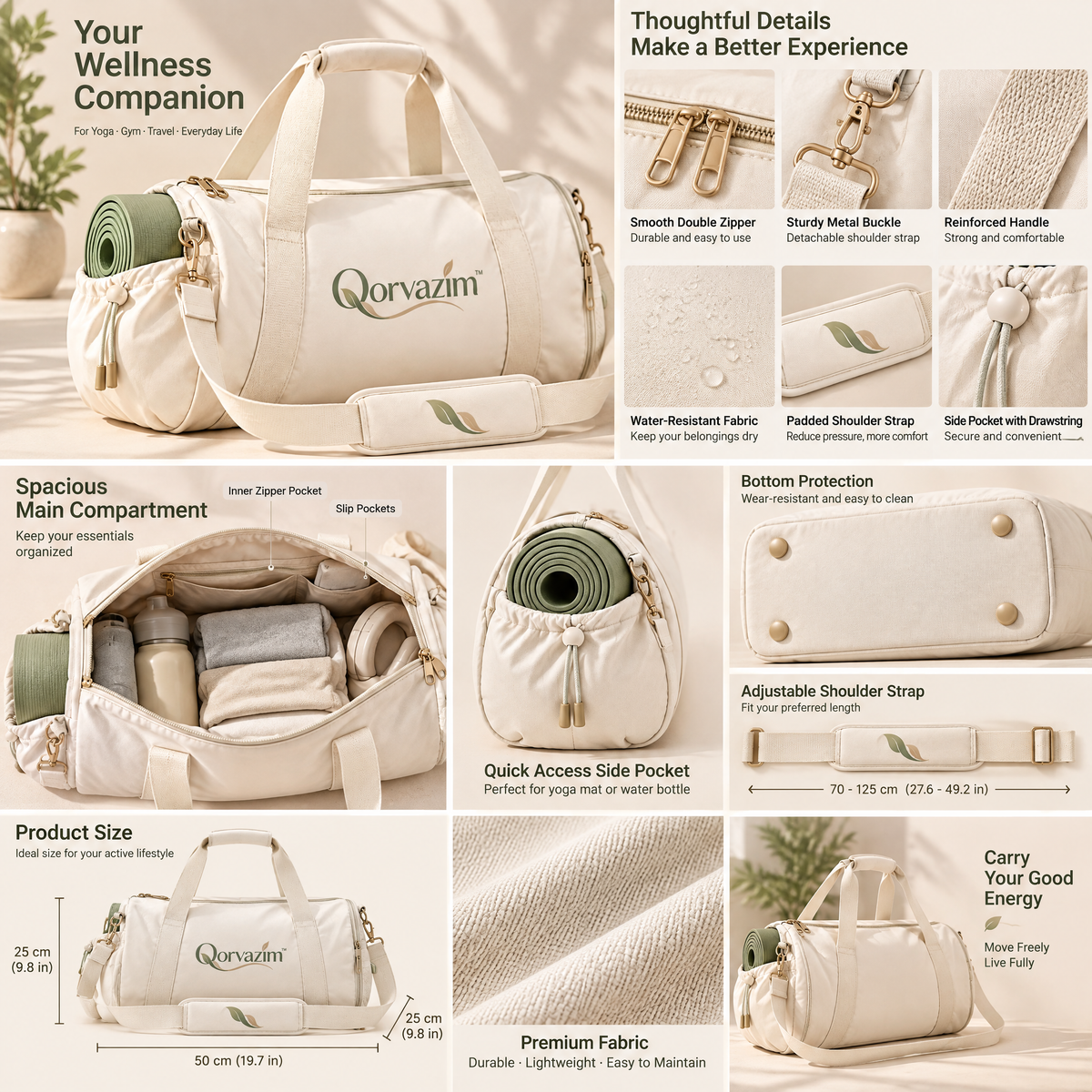 Qorvazim™ Canvas Yoga Duffel Bag with Dedicated Mat Holder &amp; Padded Shoulder Strap
