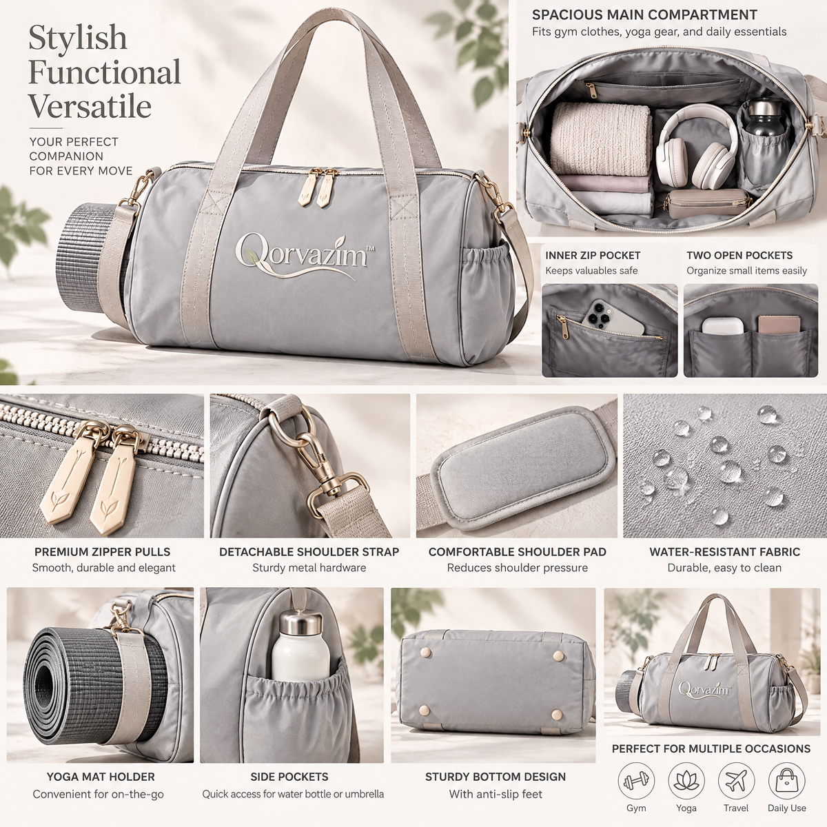 Qorvazim™ Lightweight Yoga Duffel Bag with Built-In Mat Carrier – Aesthetic Gym, Studio &amp; Weekend Travel Tote