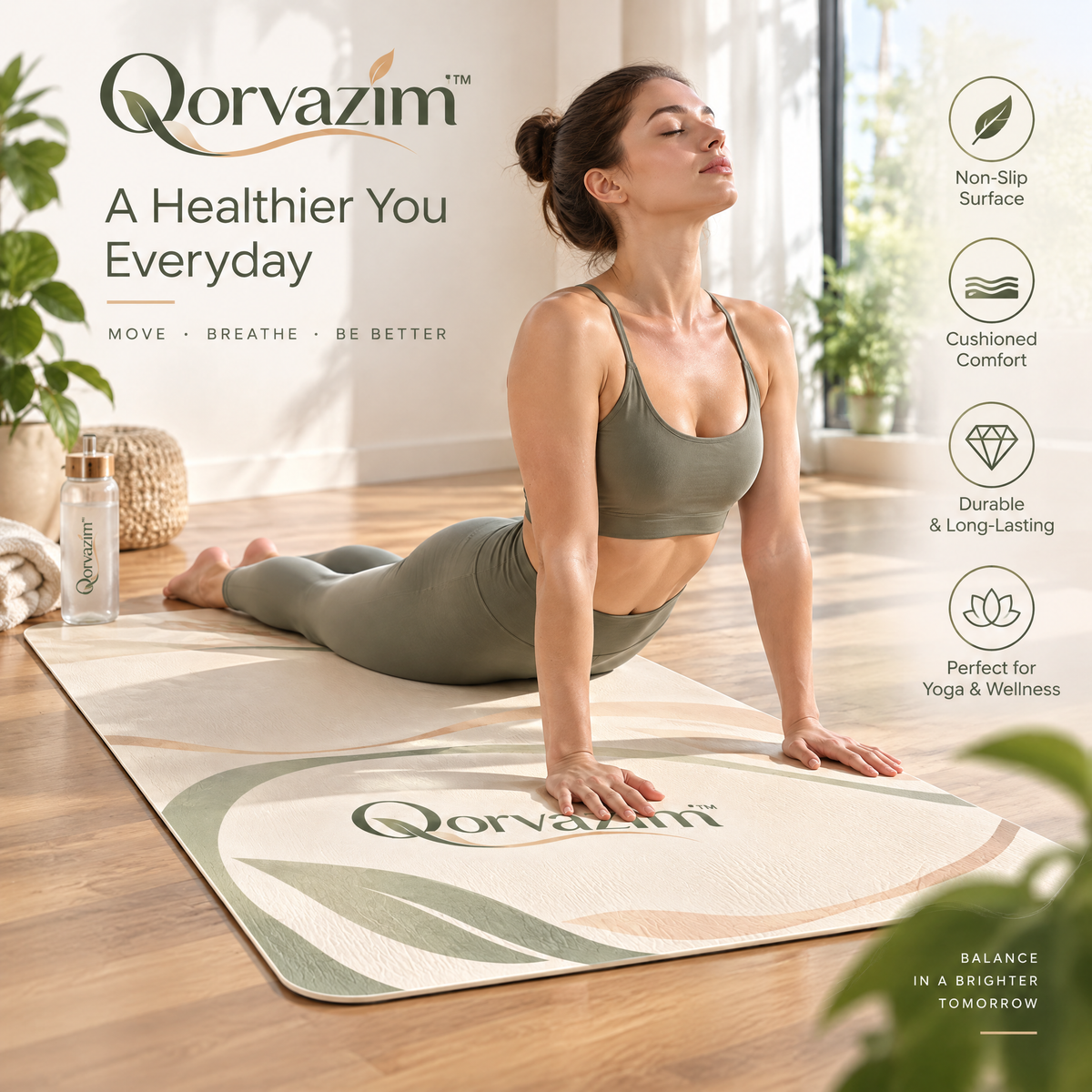Qorvazim™ Non-Slip Botanical Yoga Mat – Eco-Friendly Minimalist Exercise &amp; Pilates Mat