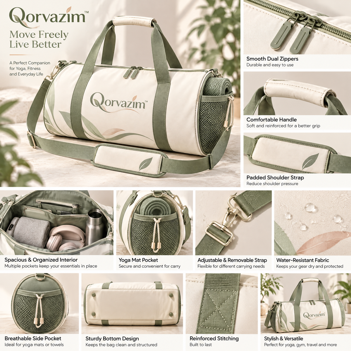 Qorvazim™ Canvas Yoga Duffel Bag – Aesthetic Barrel Gym &amp; Travel Bag with Yoga Mat Holder
