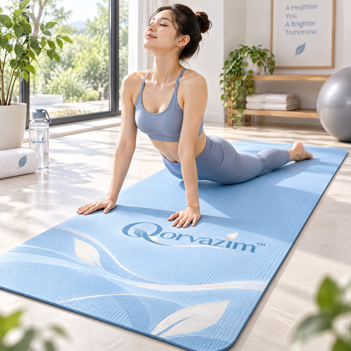 Qorvazim™ Non-Slip Floral Yoga Mat – Premium Textured Exercise &amp; Pilates Mat with Joint-Cushioning Support (Sky Blue Botanical)