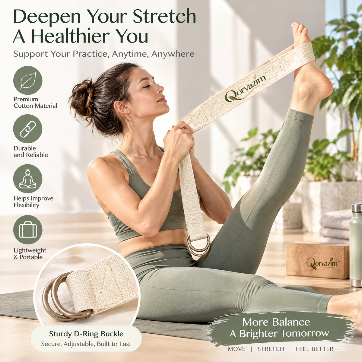 Qorvazim™ Natural Cotton Yoga Strap with Heavy-Duty Dual D-Ring Buckle for Stretching &amp; Deep Flexibility