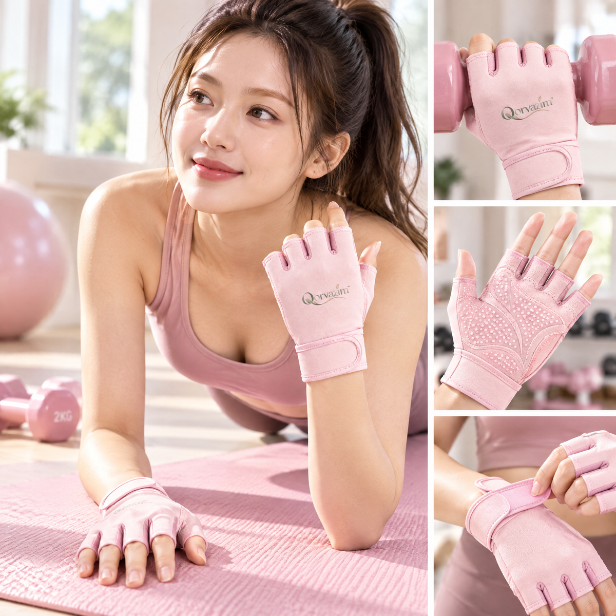 Qorvazim™ Women's Breathable Fingerless Workout Gloves with Non-Slip Silicone Palm &amp; Adjustable Wrist Support for Yoga, Pilates &amp; Fitness