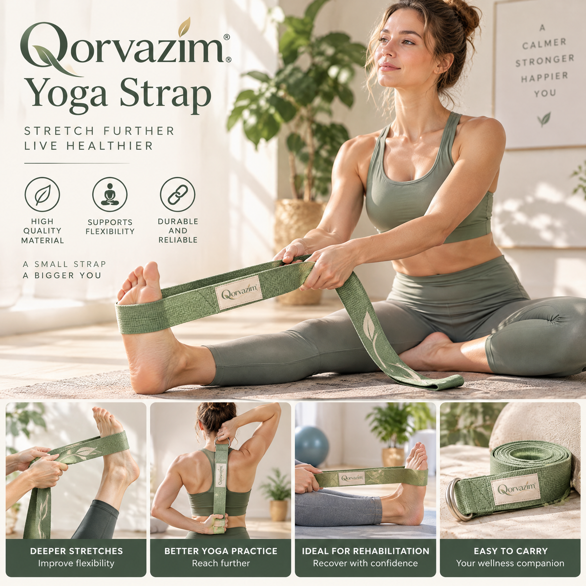 Qorvazim™ Premium Cotton Yoga Strap with Dual Metal D-Rings – Durable Non-Slip Stretching &amp; Flexibility Belt (Sage Green Leaf Edition)