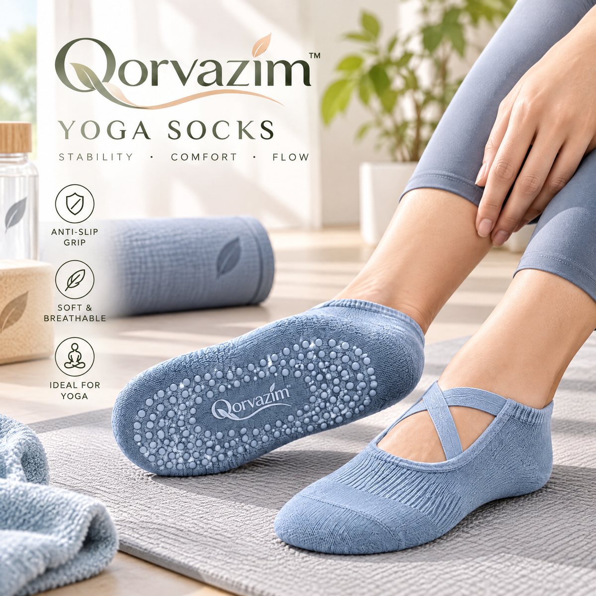 Qorvazim™ Women's Non-Slip Yoga Socks with Criss-Cross Straps &amp; Silicone Grips for Pilates, Barre, and Ballet