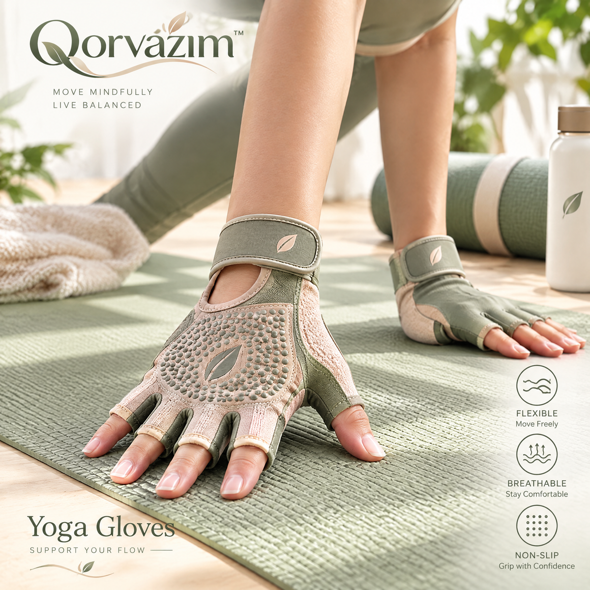 Qorvazim™ Non-Slip Yoga Gloves with Wrist Wrap – Breathable Fingerless Grip Gloves for Pilates, Barre, and Mat-Free Workouts (Sage Green)