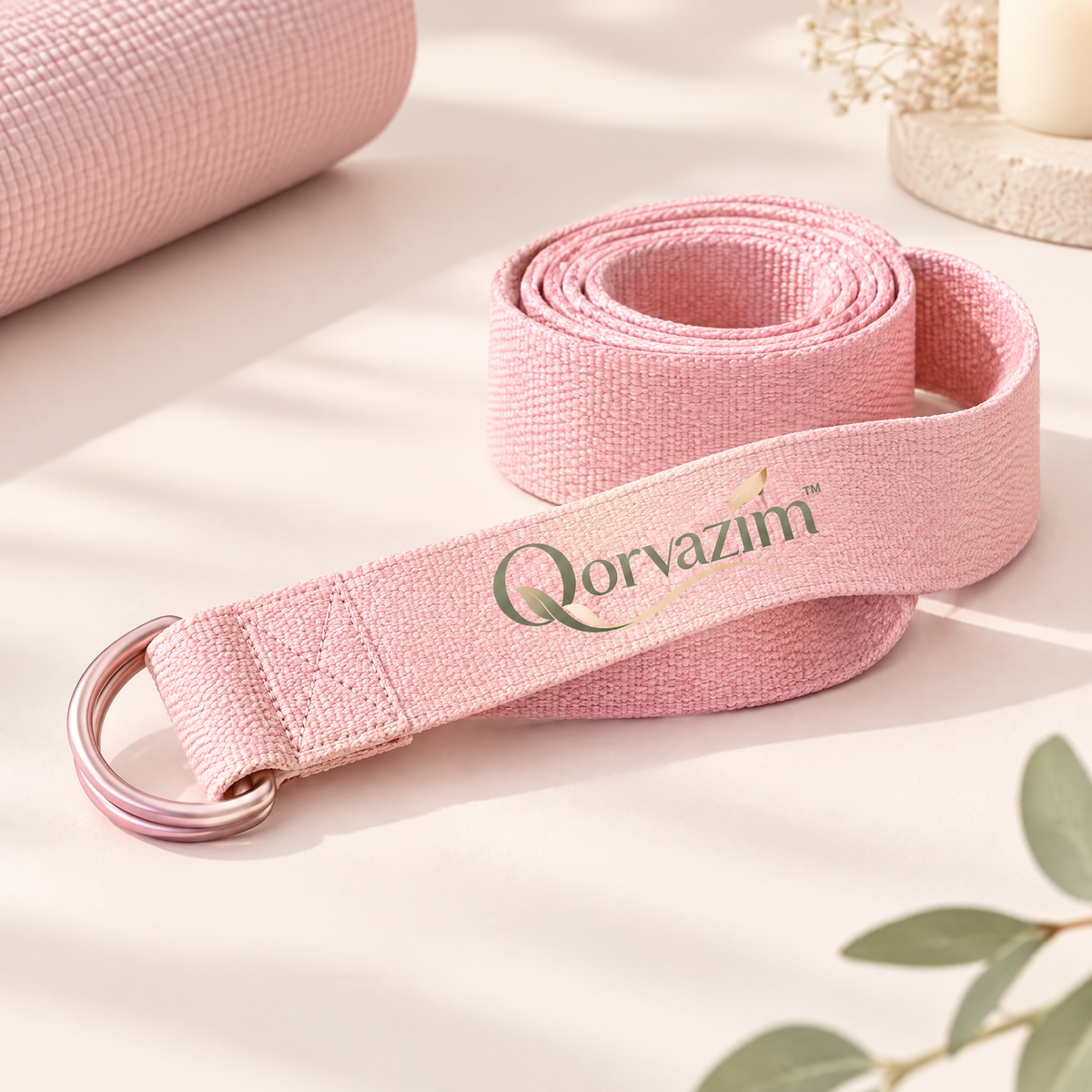 Qorvazim™ Premium Yoga Strap with Durable Metal D-Ring Buckle for Stretching, Flexibility &amp; Physical Therapy (Blush Pink)