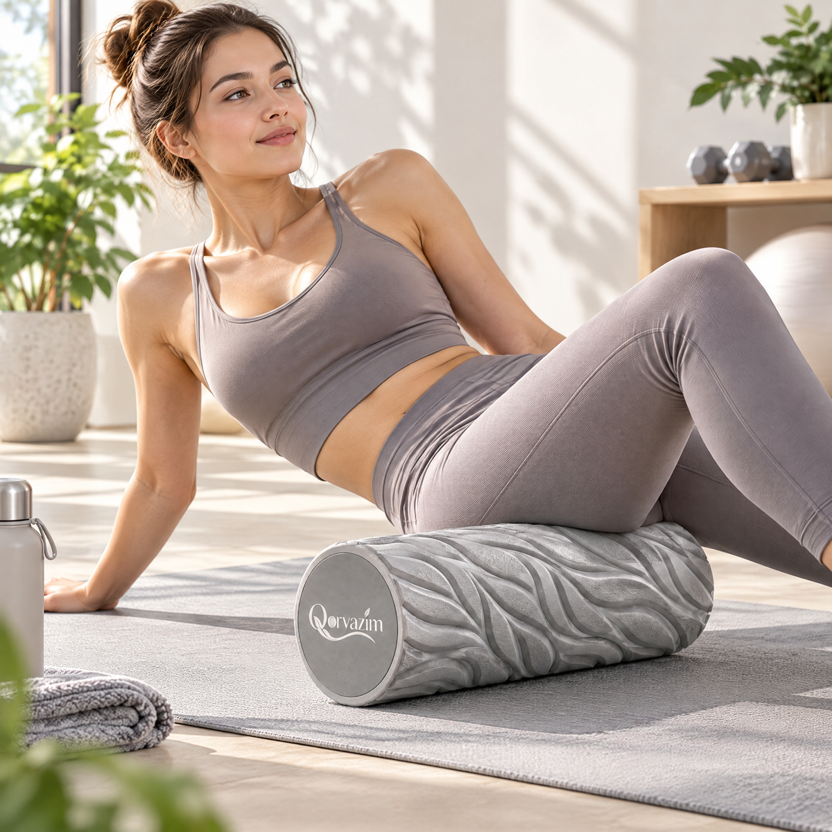 Qorvazim™ High-Density Textured Foam Roller – 3D Leaf-Wave Pattern Deep Tissue Massager for Yoga, Pilates &amp; Muscle Recovery (Mist Grey)