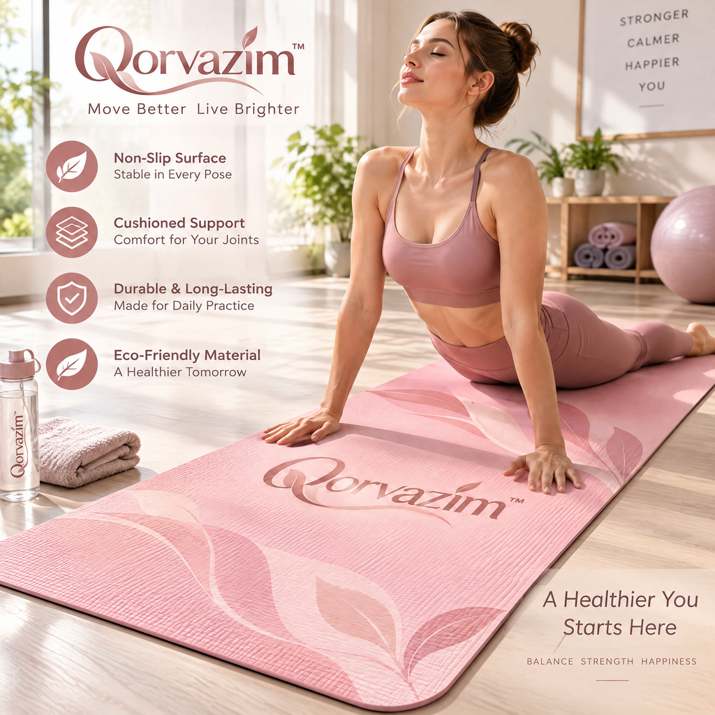 Qorvazim™ Non-Slip Floral Yoga Mat – Premium Cushioned Exercise Mat for Yoga, Pilates &amp; Floor Workouts (Blush Pink)