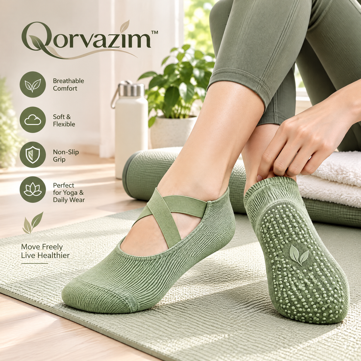Qorvazim™ Women’s Non-Slip Ballet Grip Socks – Crisscross Elastic Ribbed Barre &amp; Pilates Socks