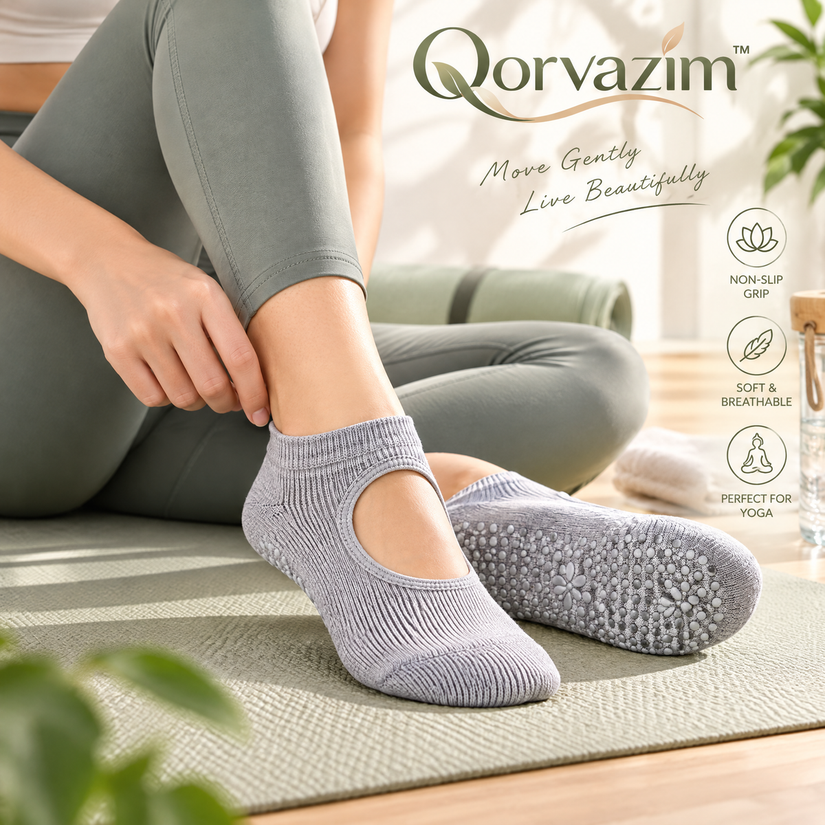 Qorvazim™ Non-Slip Yoga Socks, Breathable Ribbed Ballet Grip Socks for Pilates, Barre &amp; Studio Workouts