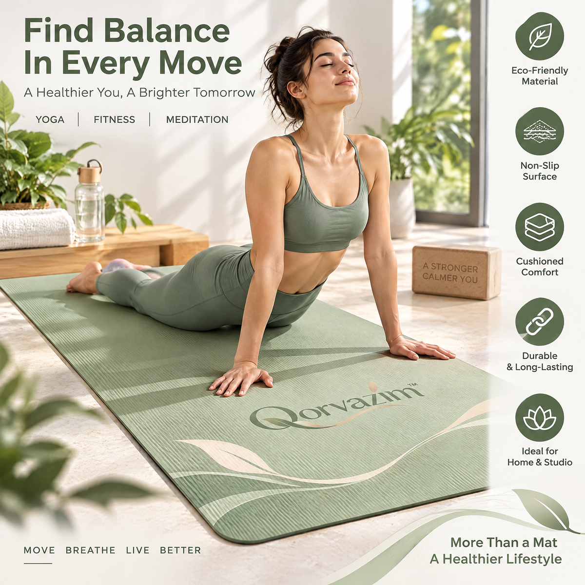 Qorvazim™ Non-Slip Yoga Mat – Sage Green Botanical Cushioned Exercise Mat for Yoga &amp; Pilates