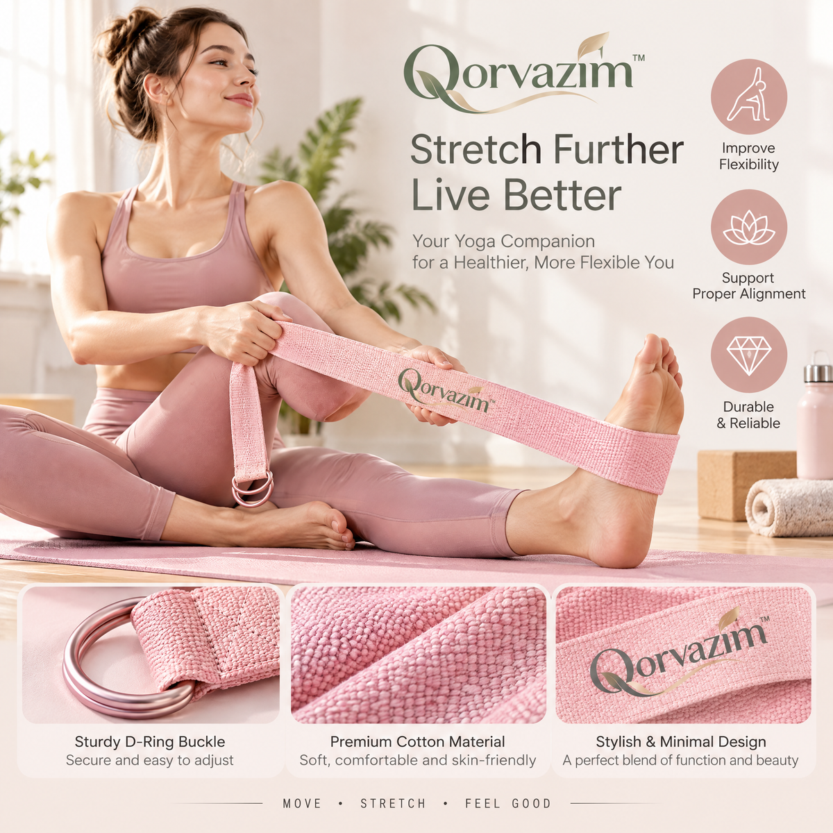 Qorvazim™ Premium Yoga Strap with Durable Metal D-Ring Buckle for Stretching, Flexibility &amp; Physical Therapy (Blush Pink)